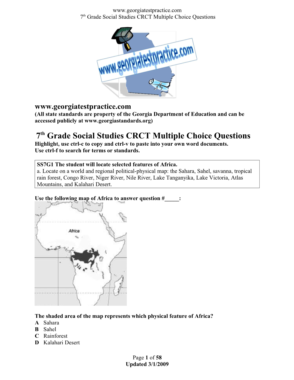 7Th Grade Social Studies CRCT Multiple Choice Questions