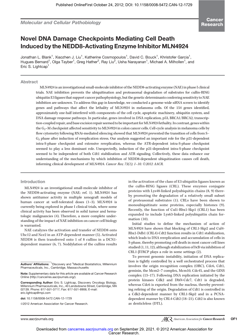 Novel DNA Damage Checkpoints Mediating Cell Death Induced by the NEDD8-Activating Enzyme Inhibitor MLN4924