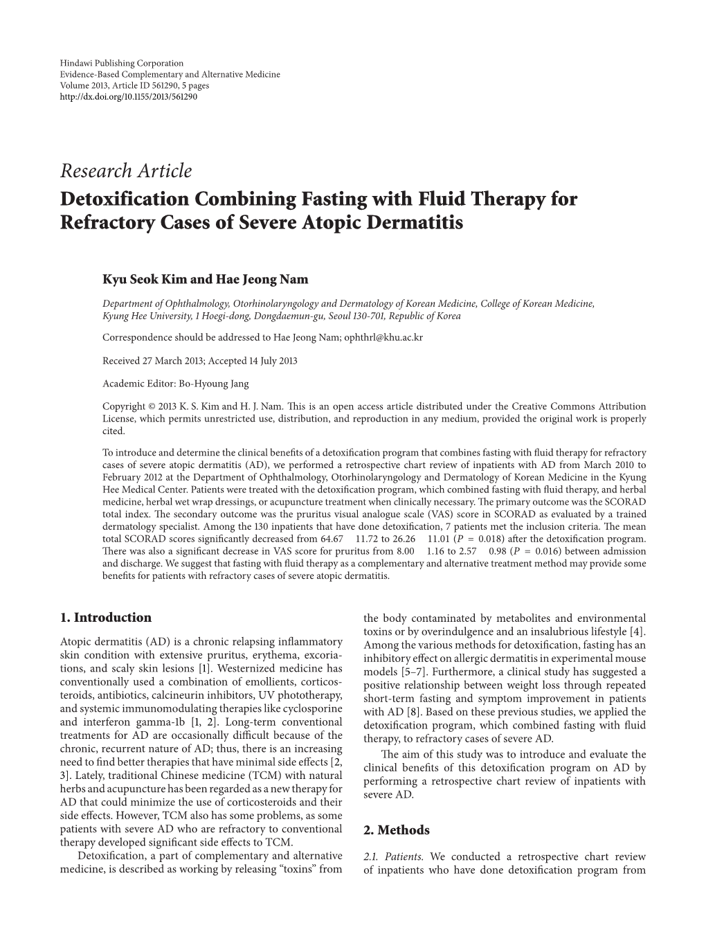 Detoxification Combining Fasting with Fluid Therapy for Refractory Cases of Severe Atopic Dermatitis