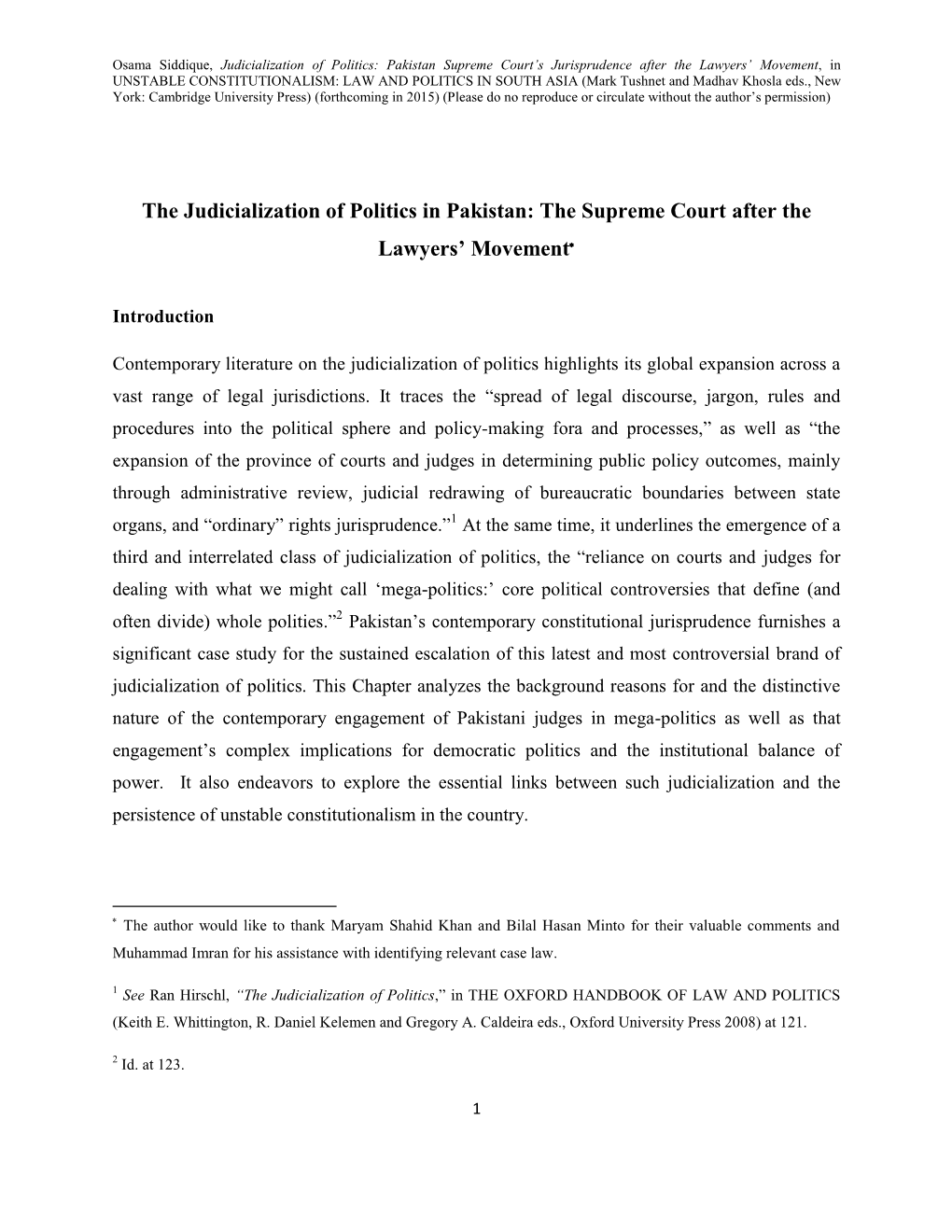 The Judicialization of Politics in Pakistan: the Supreme Court After The