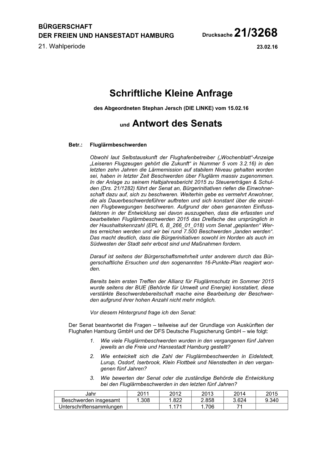 Schriftliche Kleine Anfrage Und Antwort Des Senats