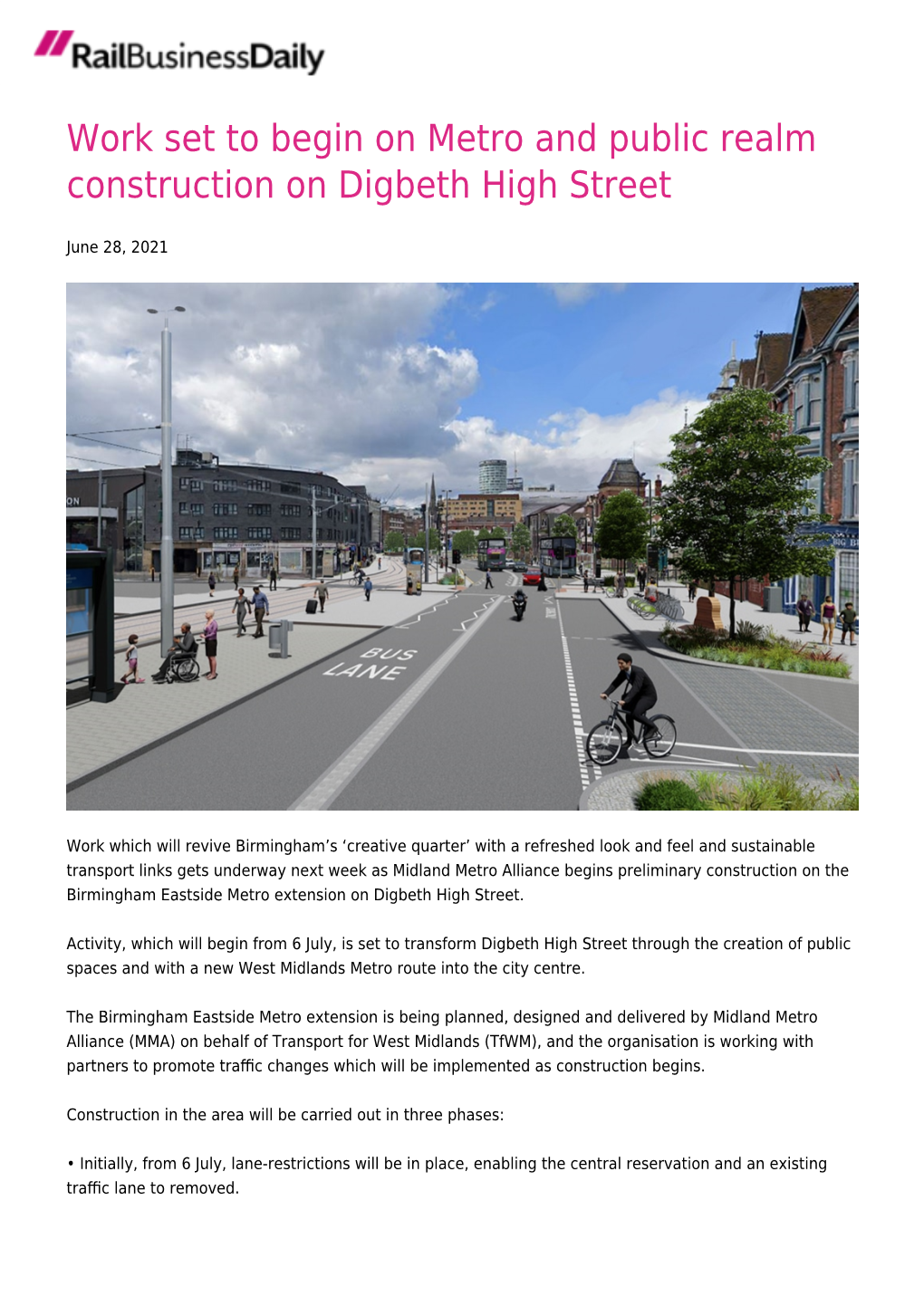 Work Set to Begin on Metro and Public Realm Construction on Digbeth High Street