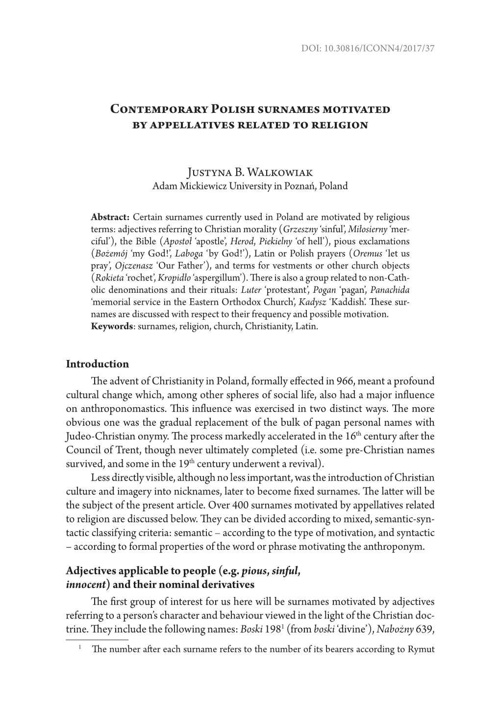 Contemporary Polish Surnames Motivated by Appellatives Related to Religion