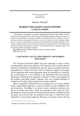 Market Socialism and Economic Calculation