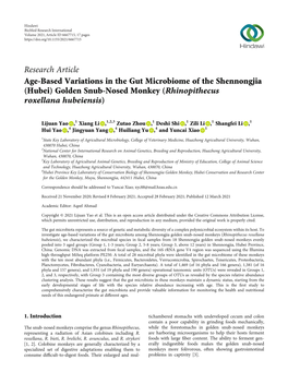 Research Article Age-Based Variations in the Gut Microbiome of the Shennongjia (Hubei) Golden Snub-Nosed Monkey (Rhinopithecus Roxellana Hubeiensis)