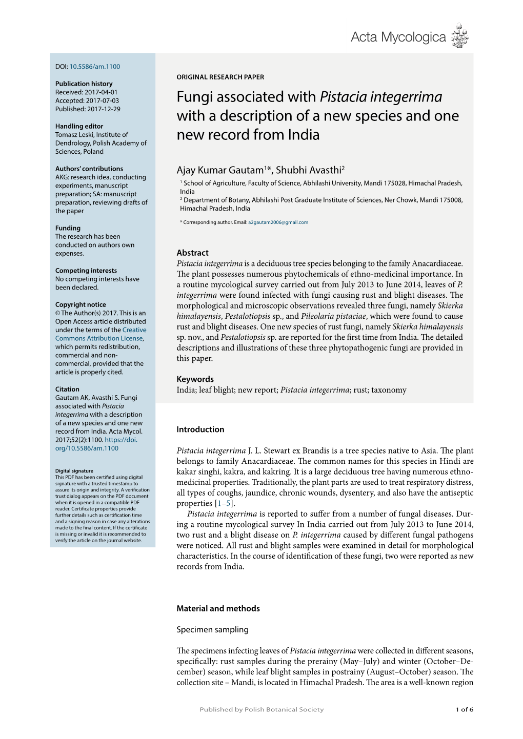 Fungi Associated with Pistacia Integerrima with a Description of a New Species and One New Record from India