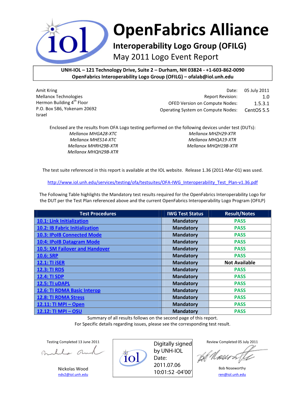 Openfabrics Alliance Interoperability Logo Group (OFILG) May 2011 Logo Event Report