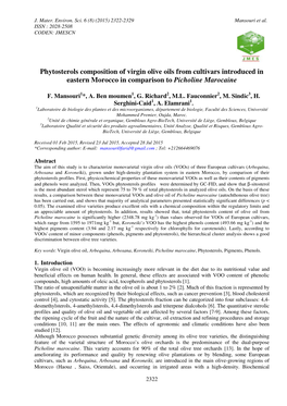 Phytosterols Composition of Virgin Olive Oils from Cultivars Introduced in Eastern Morocco in Comparison to Picholine Marocaine