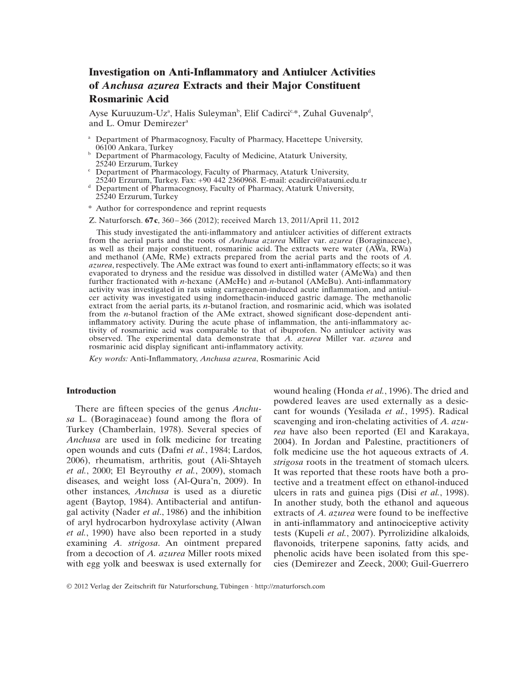 Investigation on Anti-Inflammatory and Antiulcer Activities of Anchusa