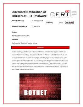 Advanced Notification of Brickerbot – Iot Malware