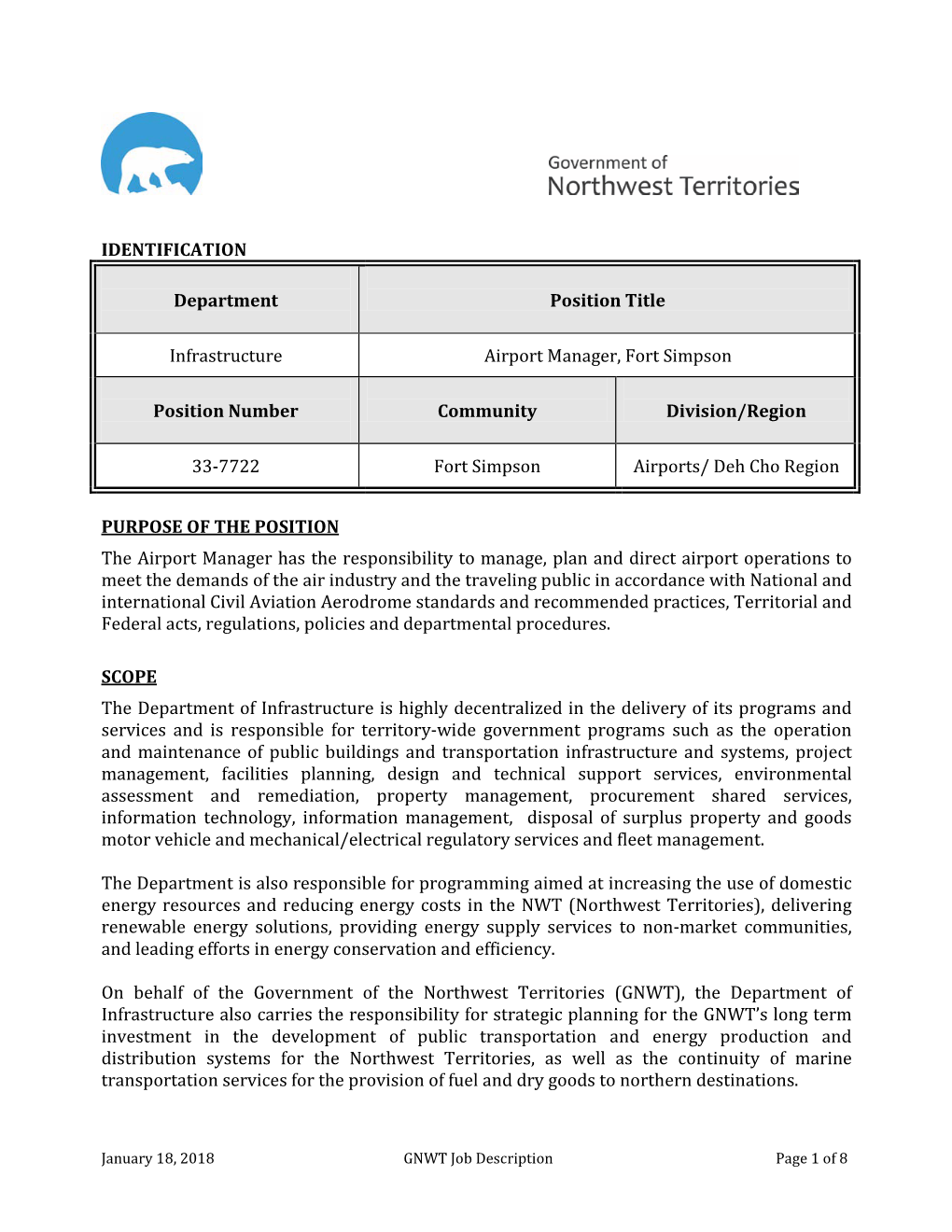 IDENTIFICATION Department Position Title Infrastructure Airport Manager, Fort Simpson Position Number Community Division/Region