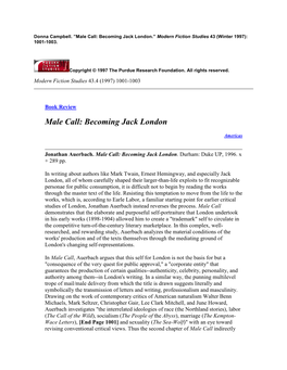 Male Call: Becoming Jack London.” Modern Fiction Studies 43 (Winter 1997): 1001-1003