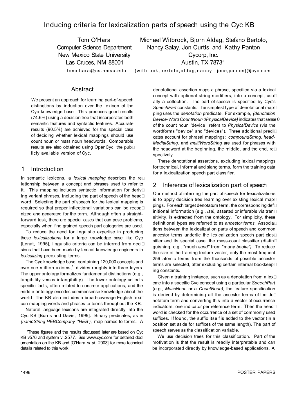 Inducing Criteria for Lexicalization Parts of Speech Using the Cyc KB