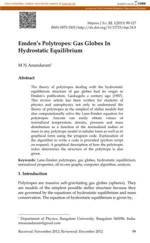 Emden's Polytropes: Gas Globes in Hydrostatic Equilibrium