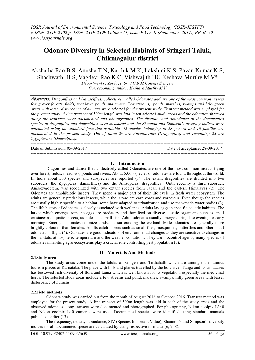 Odonate Diversity in Selected Habitats of Sringeri Taluk, Chikmagalur District