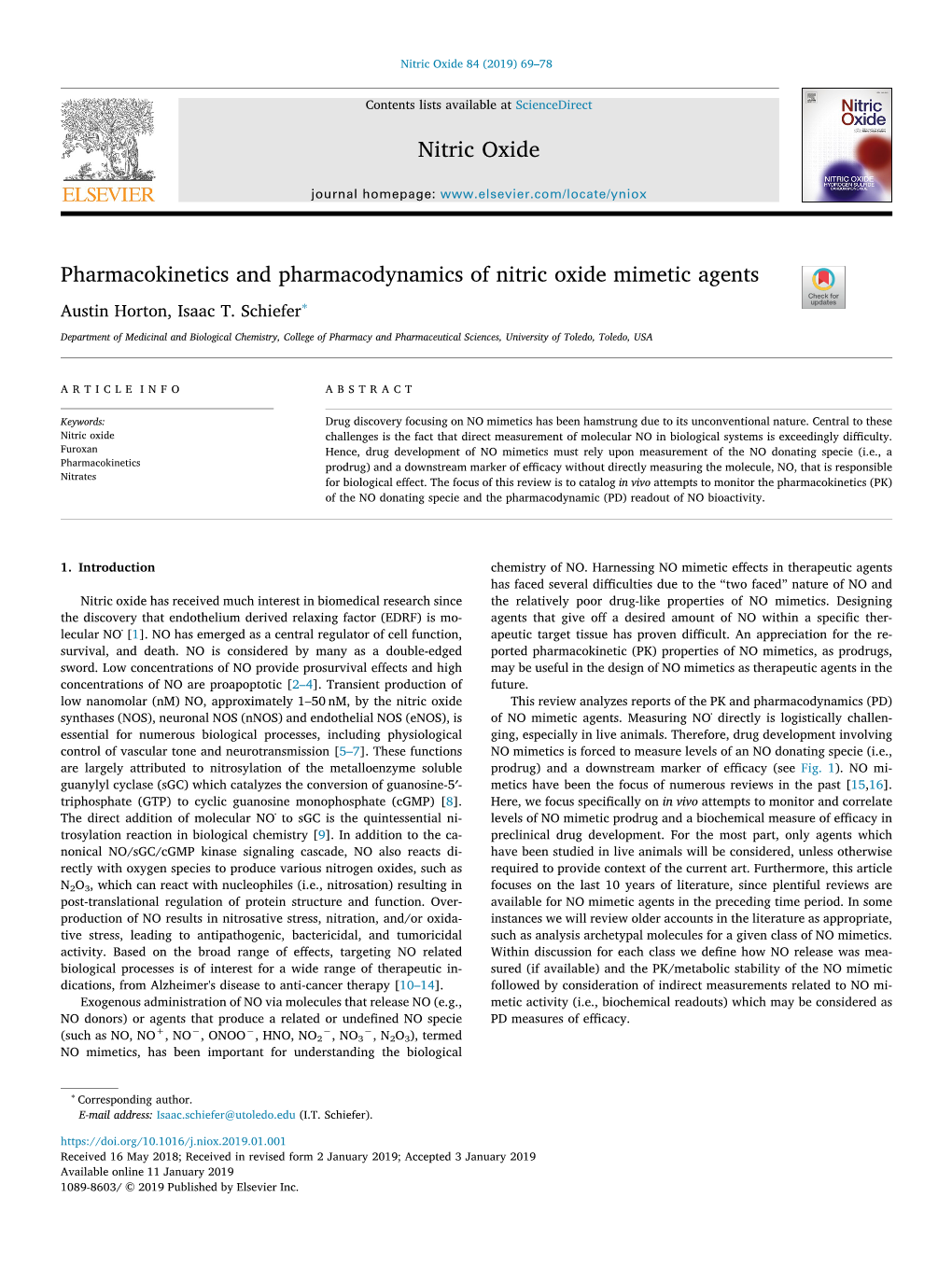 Pharmacokinetics and Pharmacodynamics of Nitric Oxide Mimetic Agents T ∗ Austin Horton, Isaac T