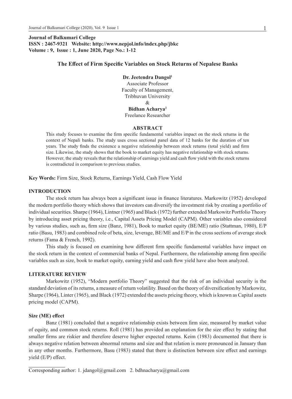 1 the Effect of Firm Specific Variables on Stock Returns of Nepalese Banks