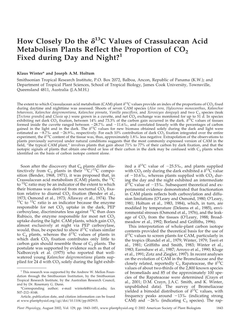 C Values of Crassulacean Acid Metabolism Plants Reflect the Proportion of CO2 Fixed During Day and Night?1