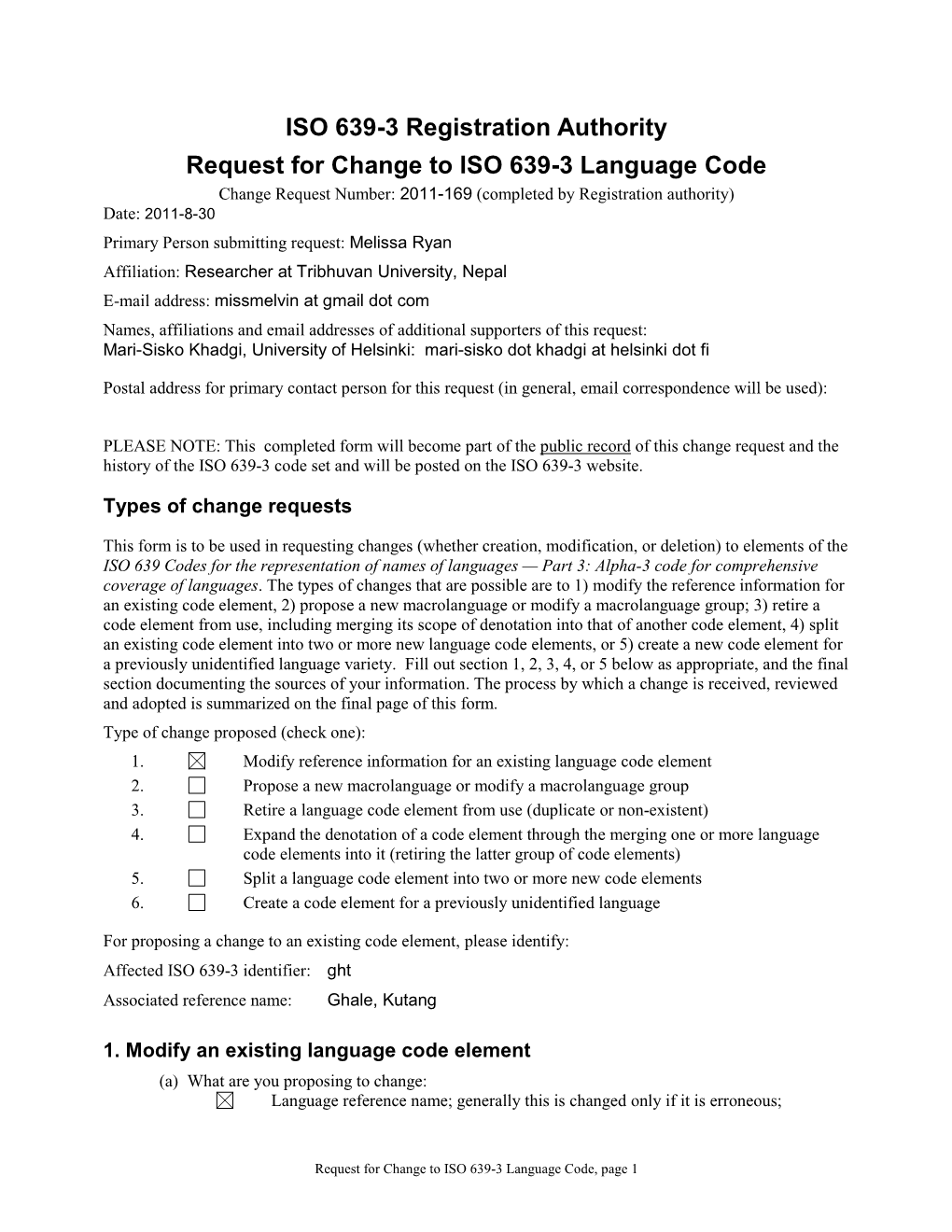 ISO 639-3 Registration Authority Request For