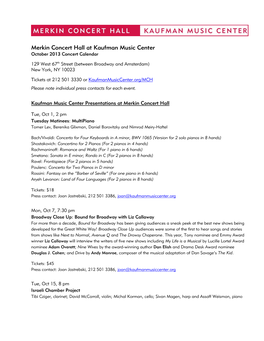 Merkin Concert Hall at Kaufman Music Center October 2013 Concert Calendar