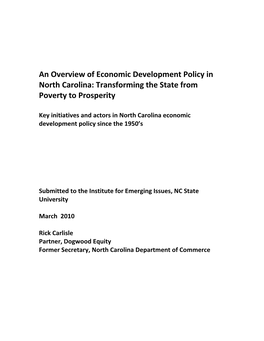 Economic Development Policy in North Carolina: Transforming the State from Poverty to Prosperity