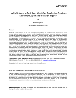 Health Systems in East Asia: What Can Developing Countries Learn from Japan and the Asian Tigers?