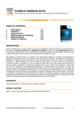 CLINICA CHIMICA ACTA International Journal of Clinical Chemistry and Diagnostic Laboratory Medicine