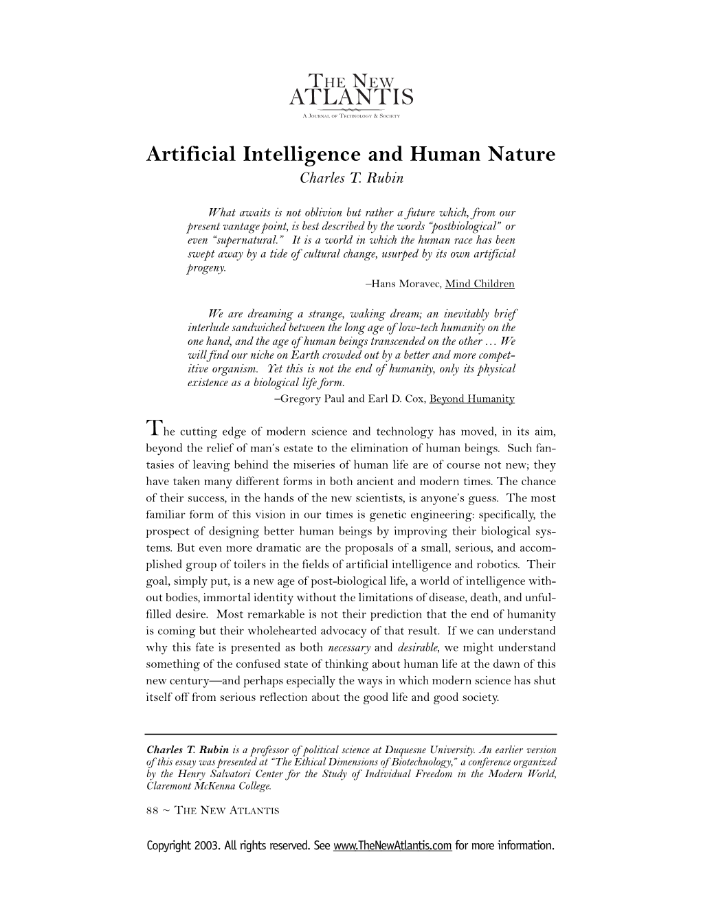 Artificial Intelligence and Human Nature Charles T