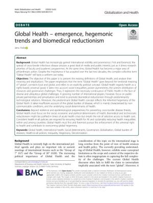 Emergence, Hegemonic Trends and Biomedical Reductionism Jens Holst
