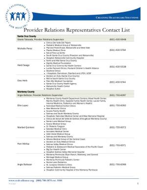 Provider Relations Representatives Contact List