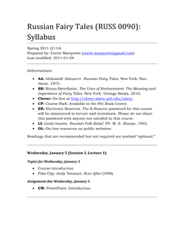 Russian Fairy Tales (RUSS 0090): Syllabus