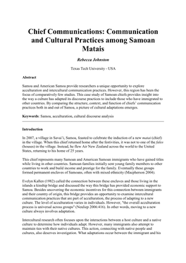 Communication and Cultural Practices Among Samoan Matais