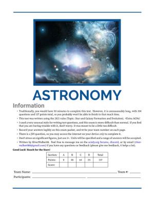 ASTRONOMY Information • Traditionally, You Would Have 50 Minutes to Complete This Test