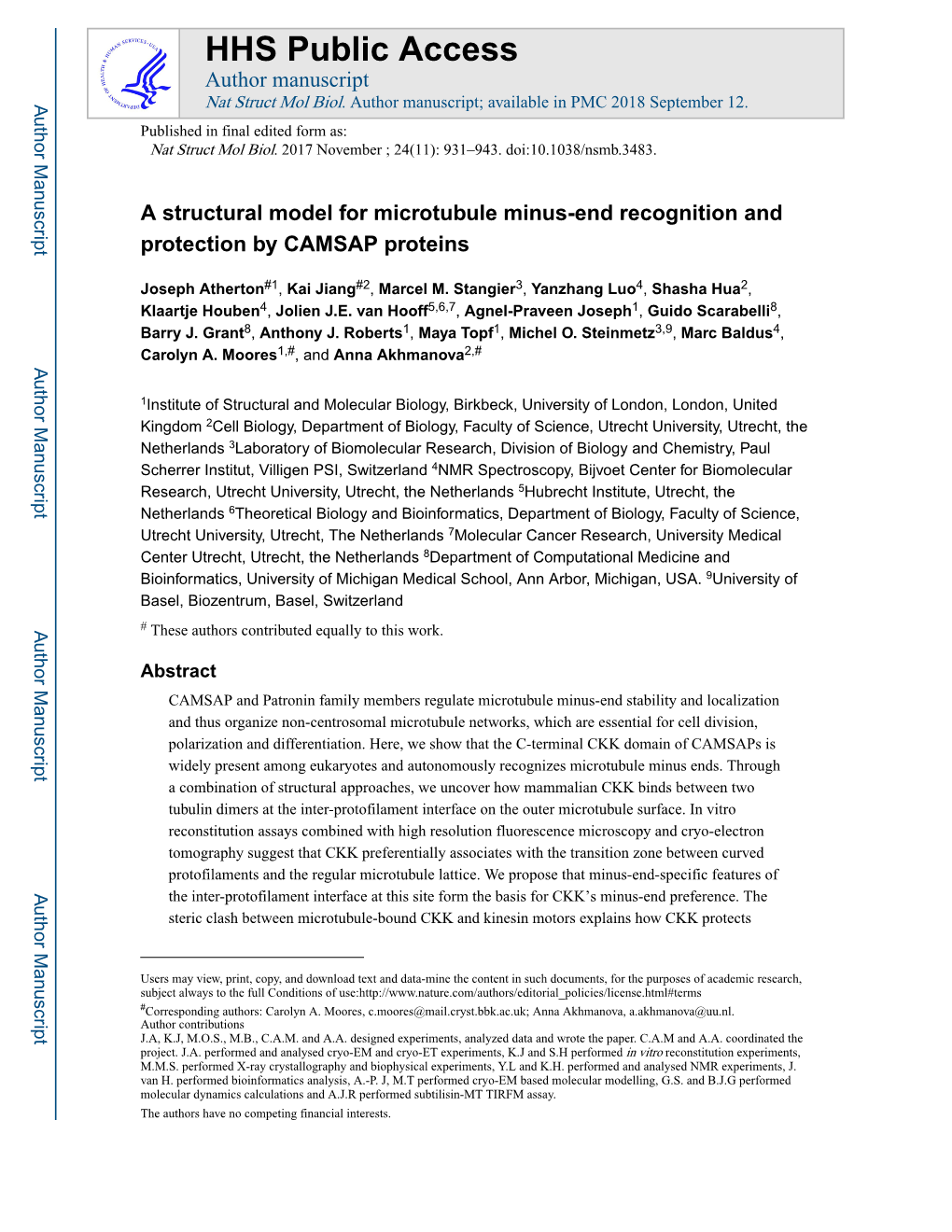 A Structural Model for Microtubule Minus-End Recognition and Protection by CAMSAP Proteins