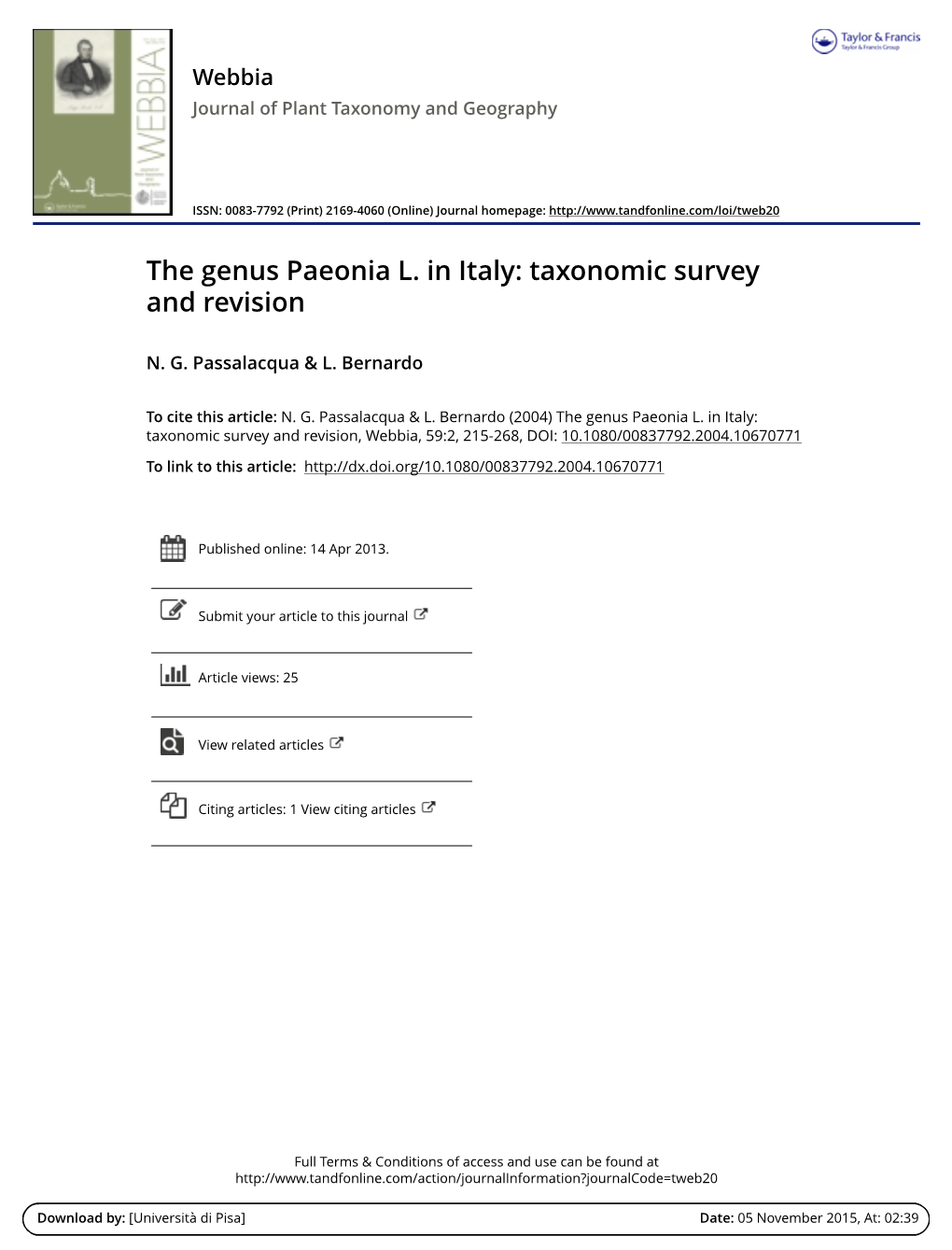 The Genus Paeonia L. in Italy: Taxonomic Survey and Revision