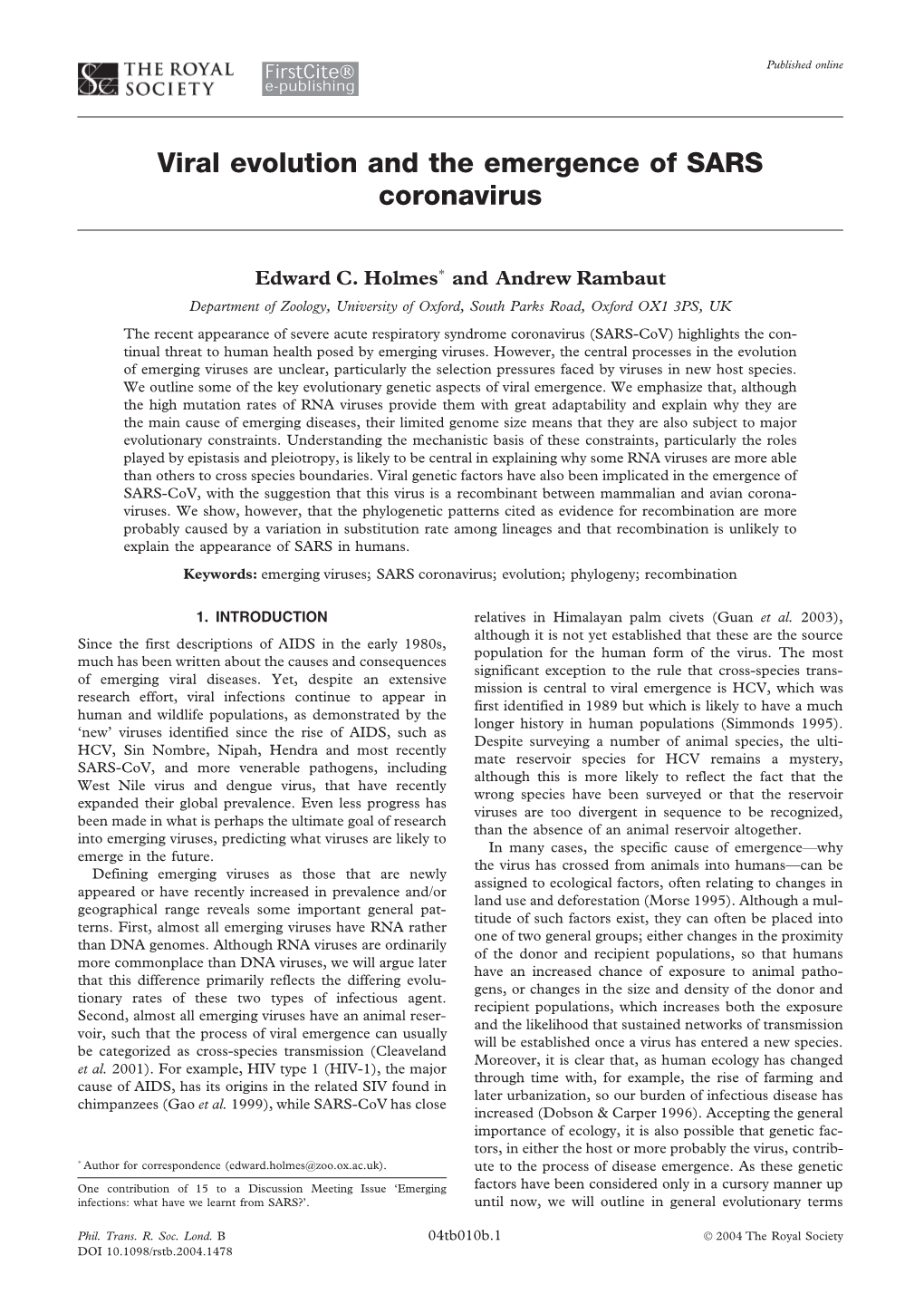 Viral Evolution and the Emergence of SARS Coronavirus