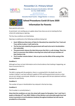 Pencombe Return to School Information – Wednesday 10Th June 2020