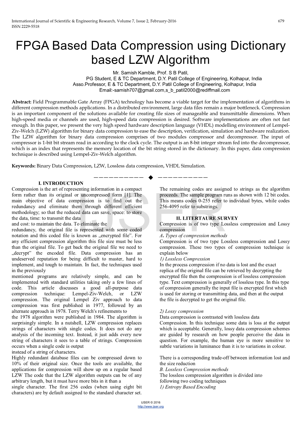 FPGA Based Data Compression Using Dictionary Based LZW Algorithm Mr