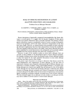 ROLE of IMMUNE RECOGNITION in LATENT ALLOTYPE INDUCTION and CLEARANCE Evidence for an Allotypic Network by MARTIN L. YARMUSH, JO