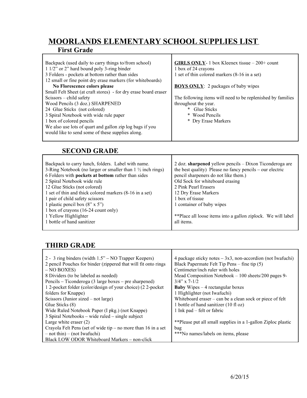 Moorlands Elementary School Supplies List