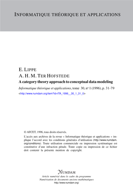 A Category Theory Approach to Conceptual Data Modeling Informatique Théorique Et Applications, Tome 30, No 1 (1996), P