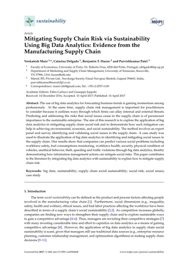 Mitigating Supply Chain Risk Via Sustainability Using Big Data Analytics: Evidence from the Manufacturing Supply Chain