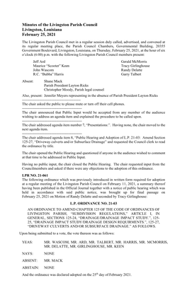 Minutes of the Livingston Parish Council Livingston, Louisiana February 25, 2021
