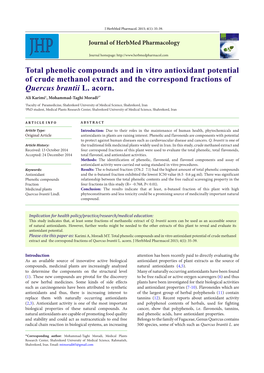 Total Phenolic Compounds and in Vitro Antioxidant Potential of Crude Methanol Extract and the Correspond Fractions of Quercus Brantii L
