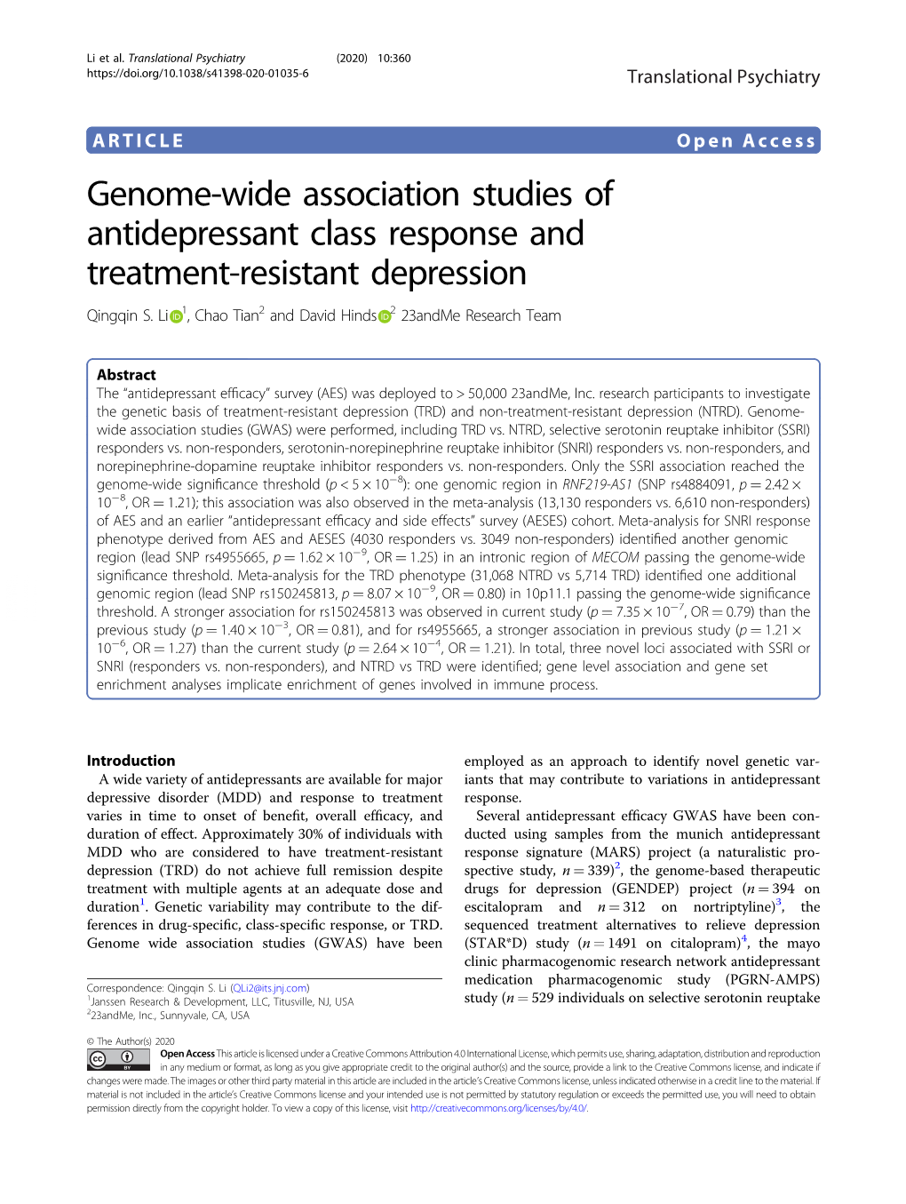 Genome-Wide Association Studies of Antidepressant Class Response and Treatment-Resistant Depression Qingqin S