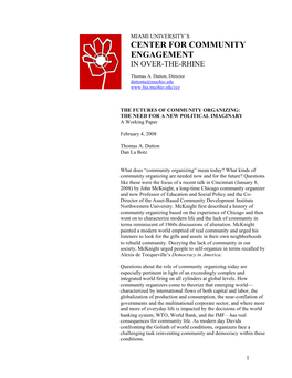 THE FUTURES of COMMUNITY ORGANIZING: the NEED for a NEW POLITICAL IMAGINARY a Working Paper