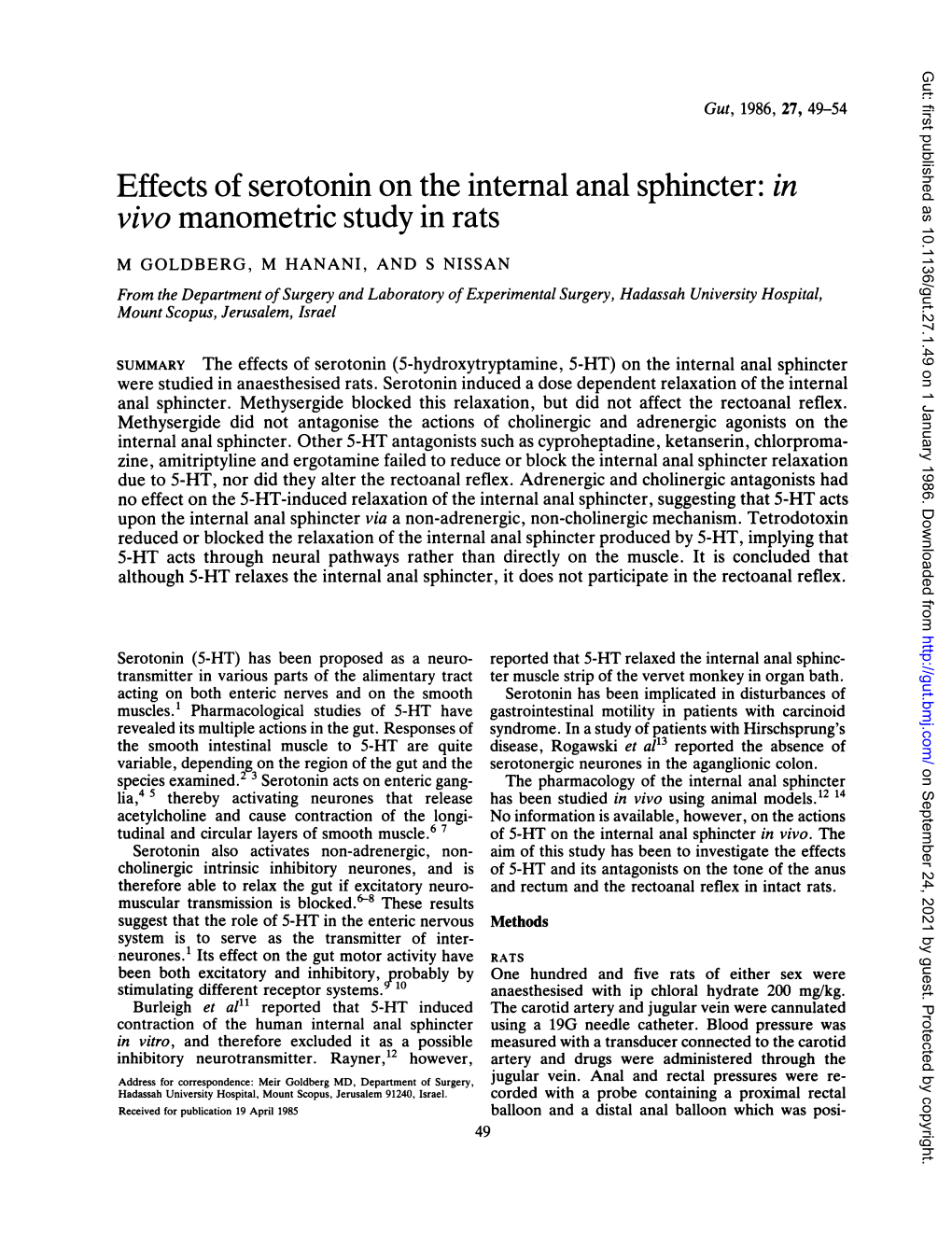 Effects of Serotonin on the Internal Anal Sphincter: in Vivo Manometnrc Study in Rats