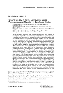 Foraging Ecology of Howler Monkeys in a Cacao (Theobroma Cacao) Plantation in Comalcalco, Mexico