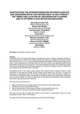 Groundwater and Flooding in Oxford