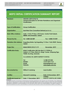 Mspo Initial Certification Summary Report